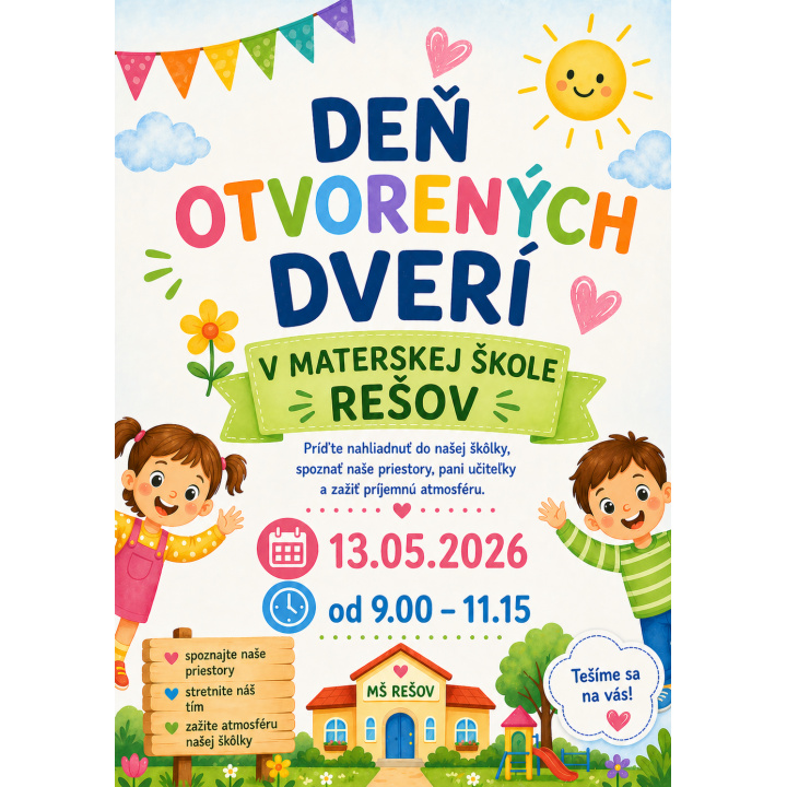 Pozor zmena !!! Deň otvorených dverí v MŠ Rešov